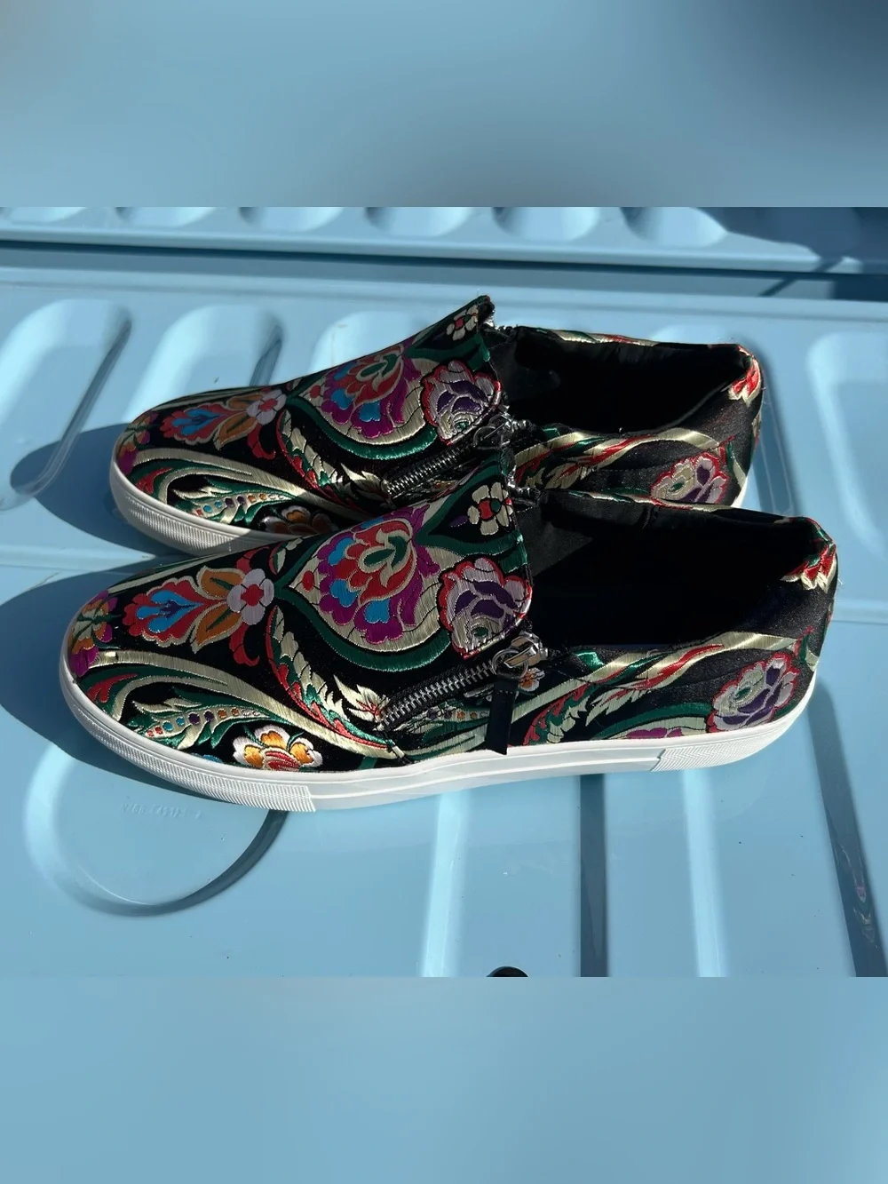 Steve Madden Black Slip-On Sneakers with Multicolor Floral Embroidery